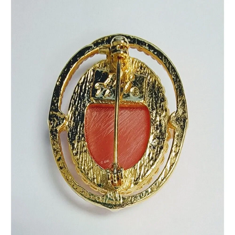 Vintage AAI Cameo Brooch Pin Signed Pink Orange Gold Tone & Faux Pearl